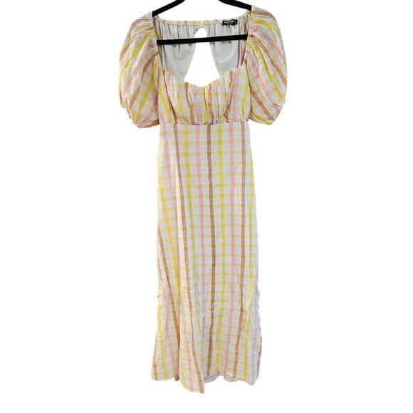 Nasty Gal Yellow Pink Gingham Plaid Puff Sleeve Babydoll Spring Midi Dress 6 - Picture 1 of 7
